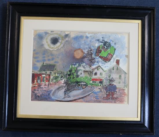David Burliuk (1882-1967) Street scene with fish and cowboy 10 x 13in.